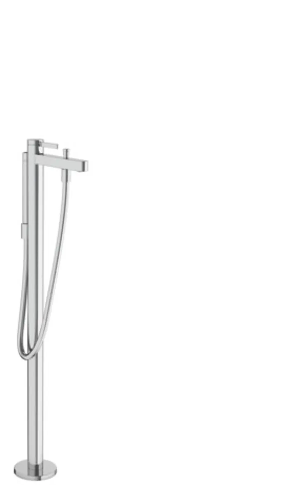 Bodenstehender Wannenmischer aus Chrom von Hansgrohe mit einer hohen, schlanken Form und einem flexiblen Schlauch.